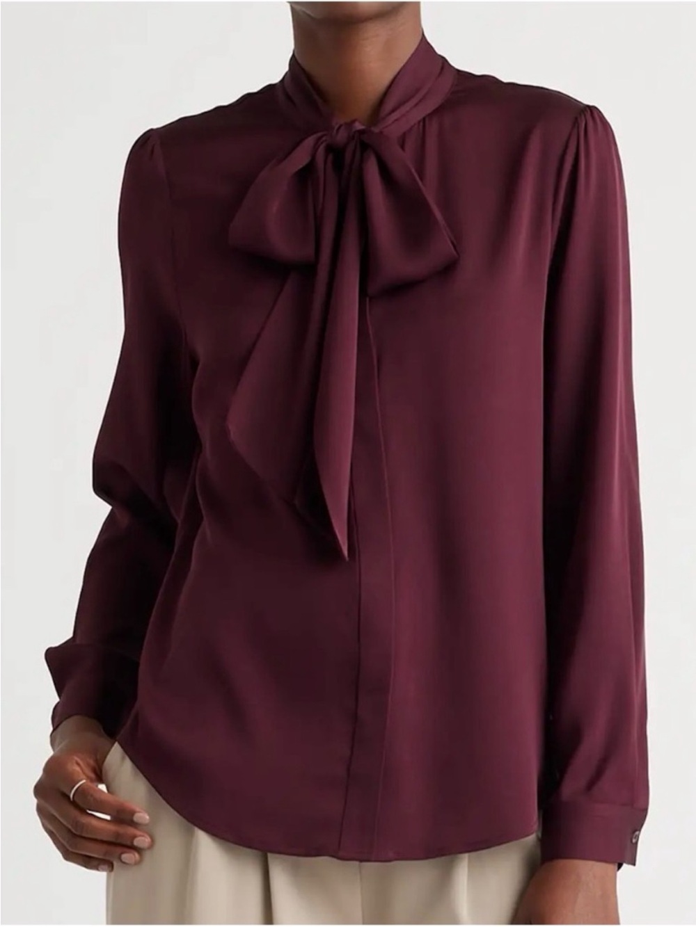 Quince Washable Stretch Silk Tie Neck Blouse Wine Tasting Burgundy Maroon Large
